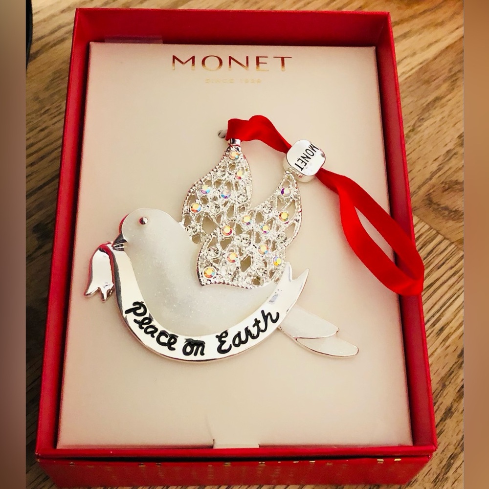 Monet Peace On Earth Silver Glittery Rhinestone Ornament, NIB